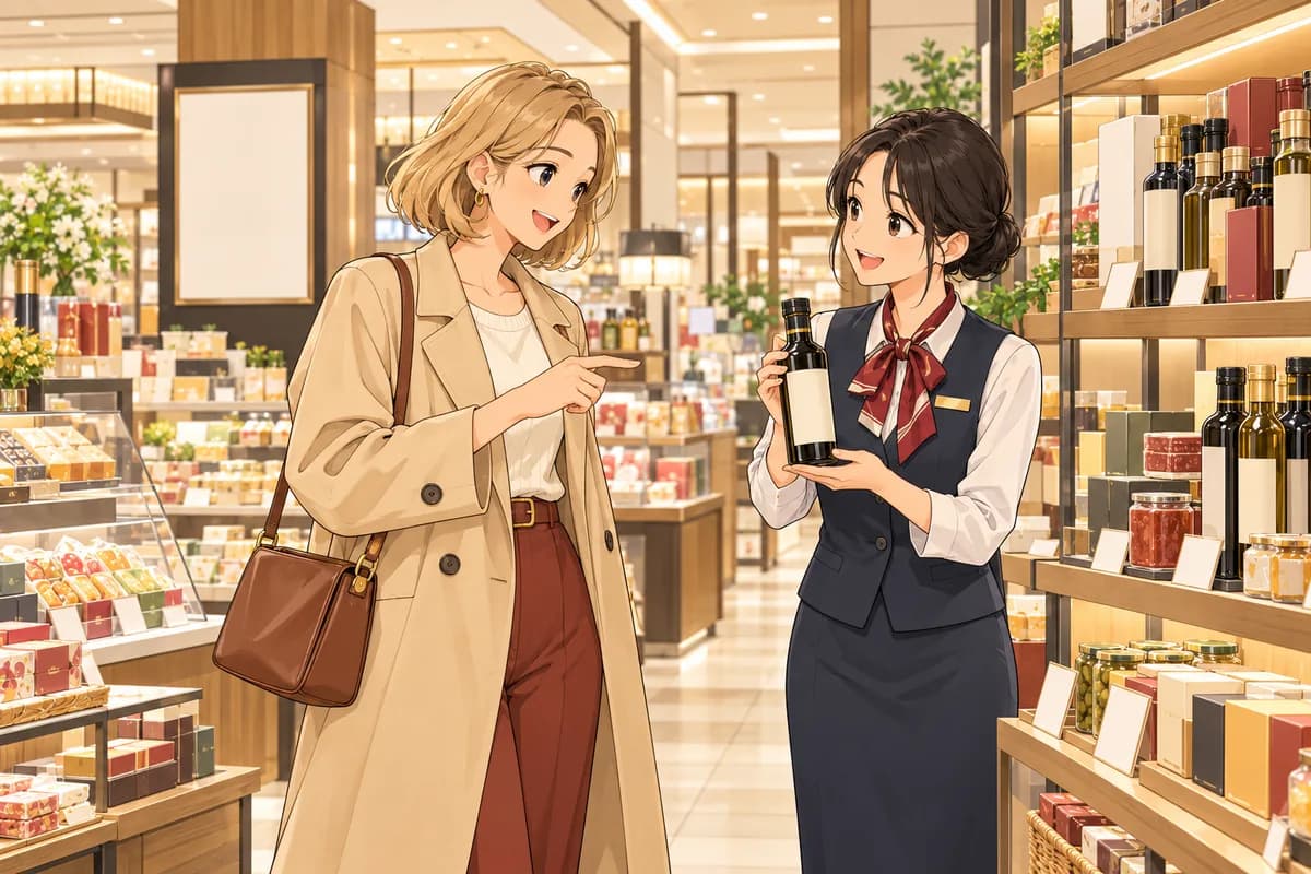 Au rayon alimentation d’un grand magasin, une vendeuse montre une bouteille à Maria, qui désigne l’étagère.