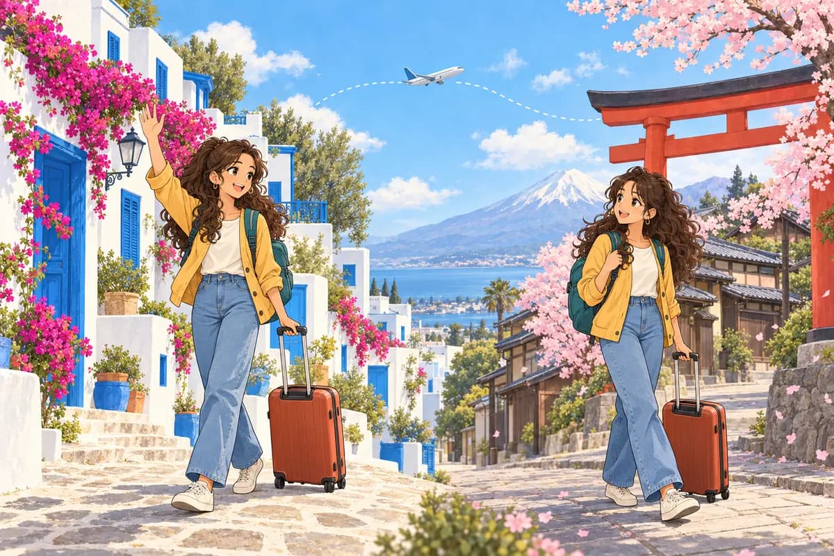 Un voyageur avec sac à dos et valise fait au revoir devant des maisons blanches et bleues au bord de la mer, puis arrive tout sourire sous un torii rouge ; une ligne de vol en pointillés relie les deux.
